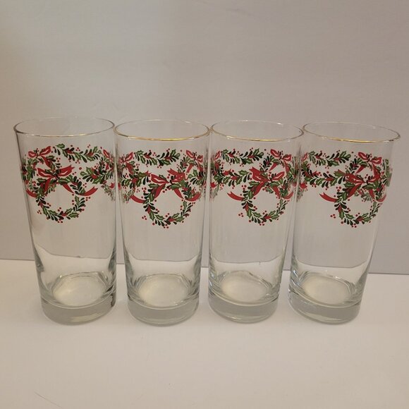 Set Of 4 Holiday Wreath Design Highball Glasses With Gold Rim 16 Oz Christmas De - Picture 1 of 6
